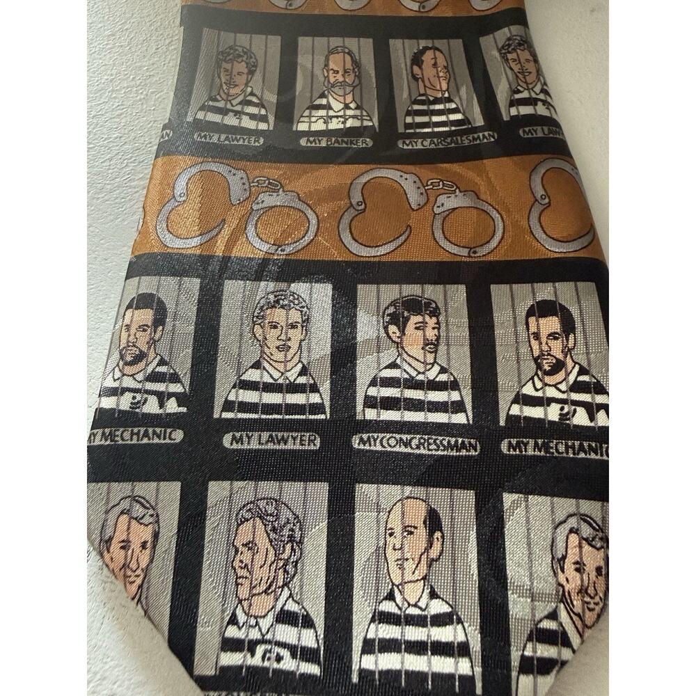 90’s Novelty Mugshot Handcuffs Tie black brown Lawyer Congressman Banker Humor